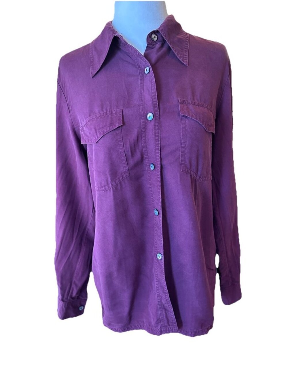 Vintage August Silk Woman Burgundy 100% Silk Button Up Blouse Size Small